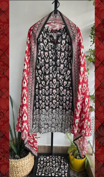 Pakistani Original Bin Saeed Cotton Chickankari Stitched 3Pcs_ Black 